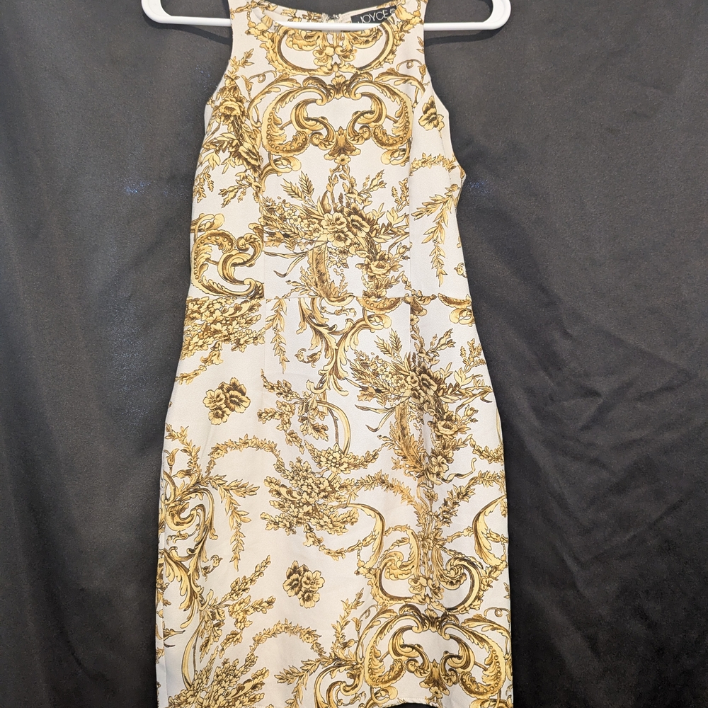 93. Elegant Gold and Cream Patterned Mini Dress